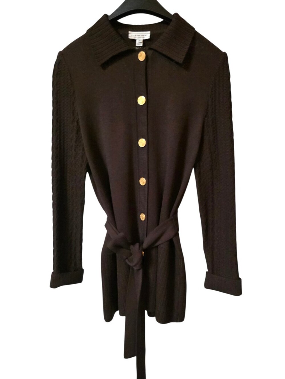 St. John Sport Brown Knit Button Down Tie Belted Cardigan